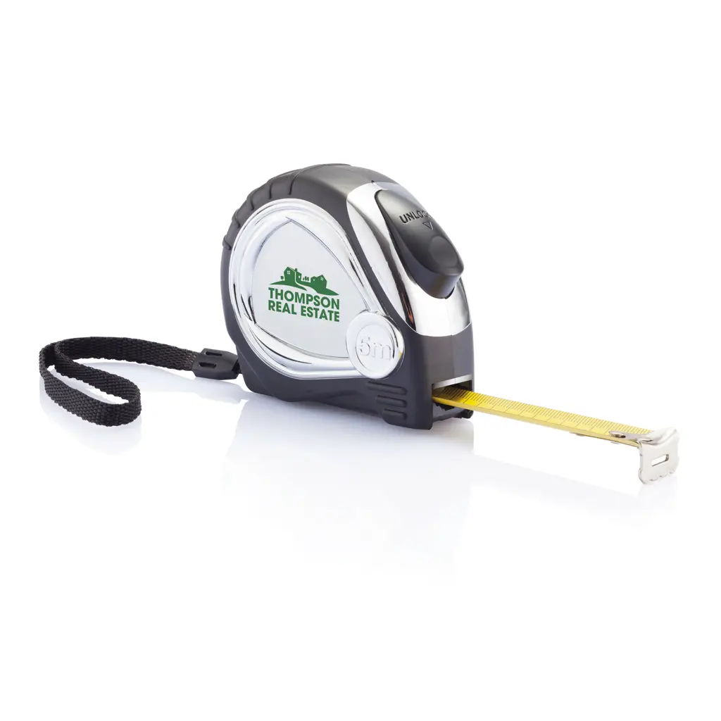 Promotivni kromirani metar s gumenom vezicom, 5m/19mm P113.40 black-3