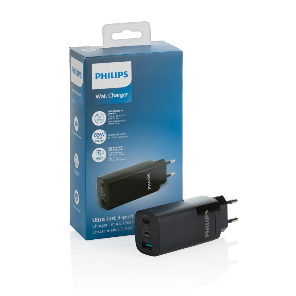 Zidni punjač 65 W Philips ultrabrzi PD 3-portni USB P301.28 black-7