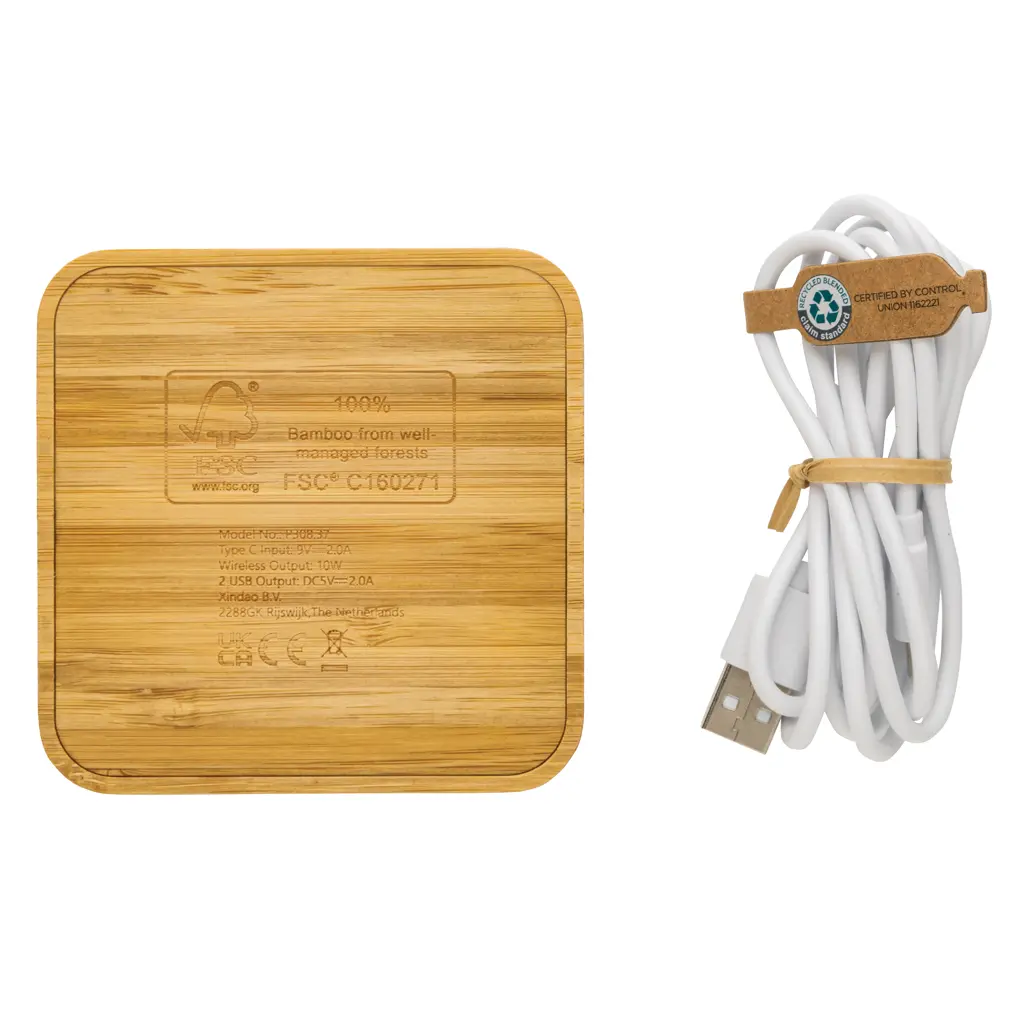 Bežični punjač od bambusa 10 W s USB-om P308.37 brown-5