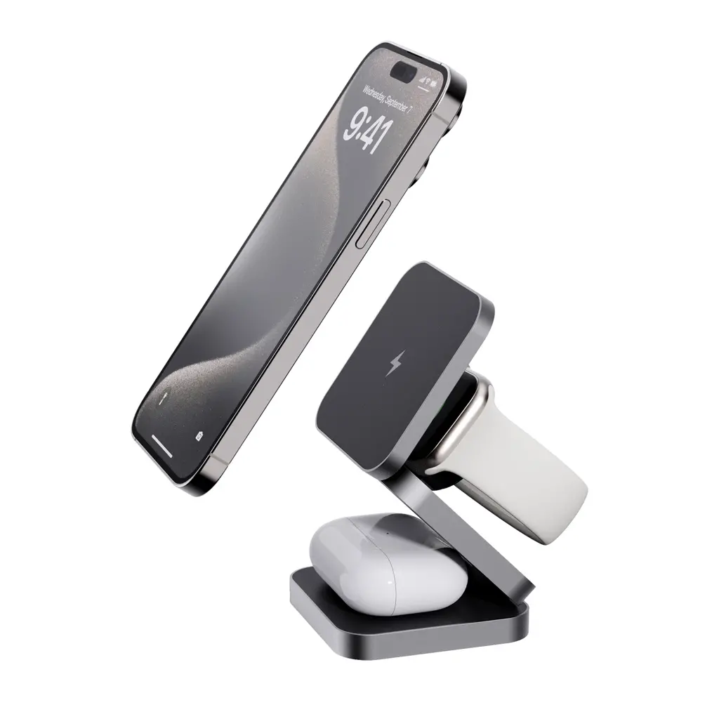 Sklopivi punjač 3u1 od recikliranog aluminija od 15 W P308.64 grey-5