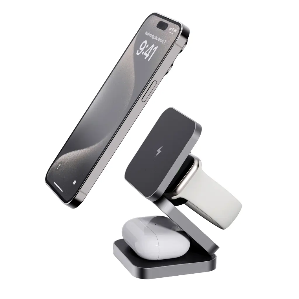 Sklopivi punjač 3u1 od recikliranog aluminija od 15 W P308.64 grey-3