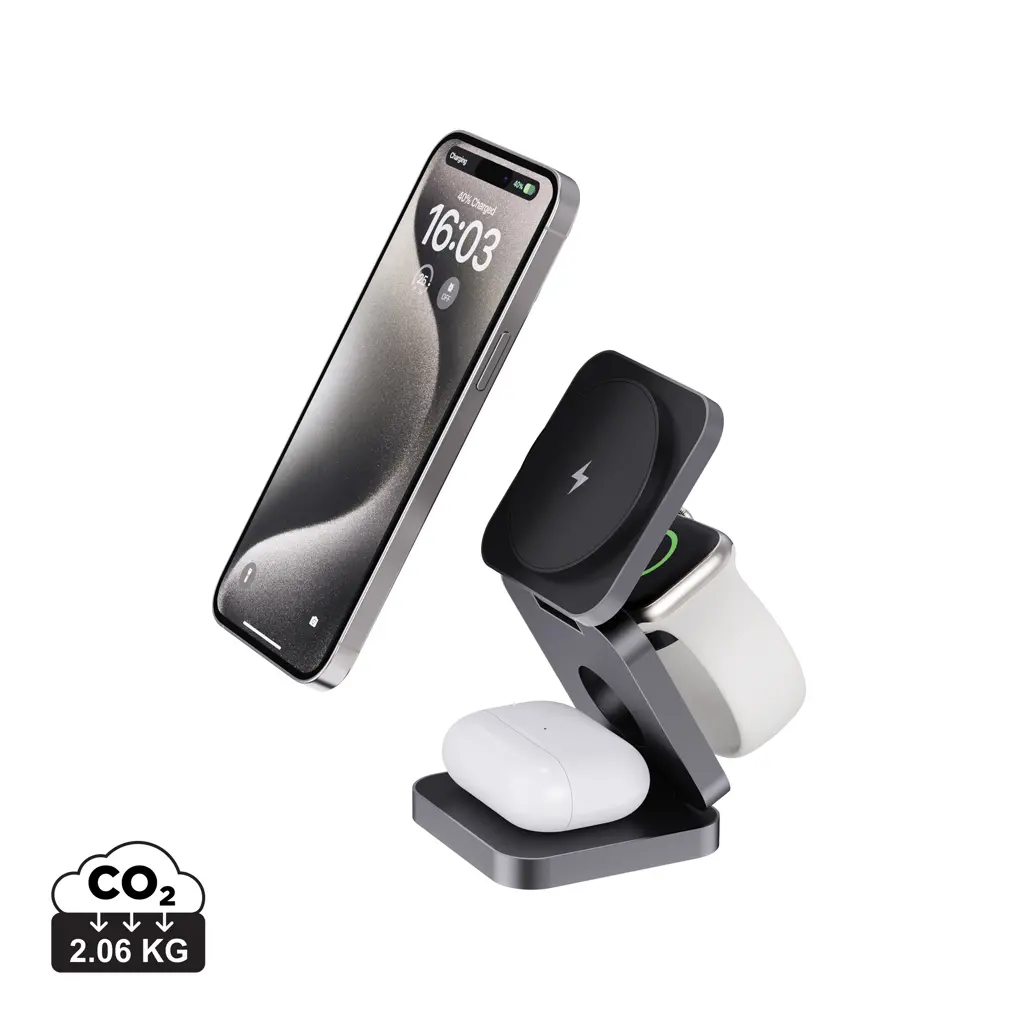 Sklopivi punjač 3u1 od recikliranog aluminija od 15 W P308.64 grey-1