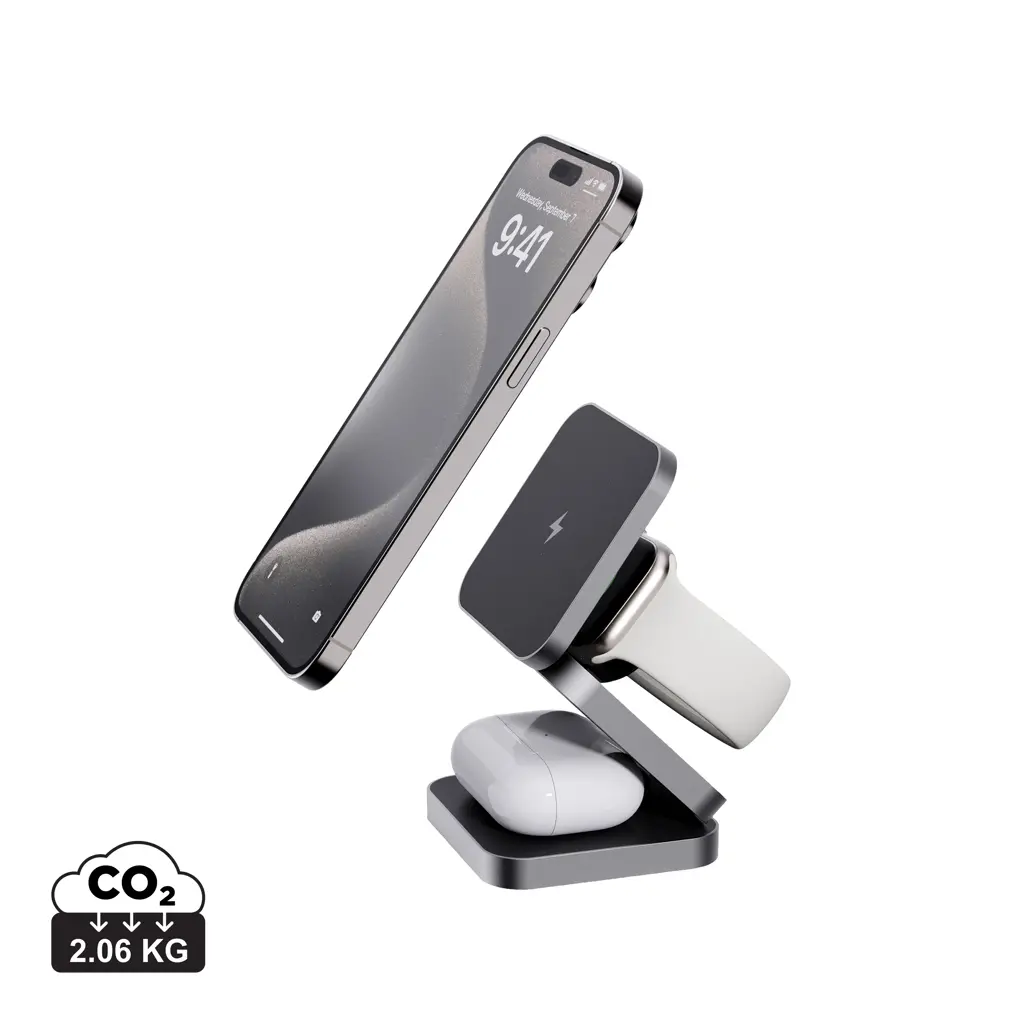 Sklopivi punjač 3u1 od recikliranog aluminija od 15 W P308.64 grey-2